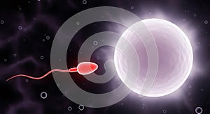 3D illustration of a sperm cell approaching an egg cell, surrounded by a vibrant background, representing the process of