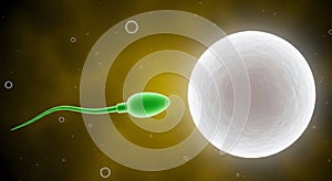 3D illustration of a sperm cell approaching an egg cell, surrounded by a vibrant background, representing the process of