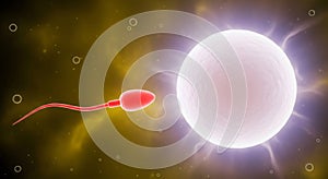 3D illustration of a sperm cell approaching an egg cell, surrounded by a vibrant background, representing the process of