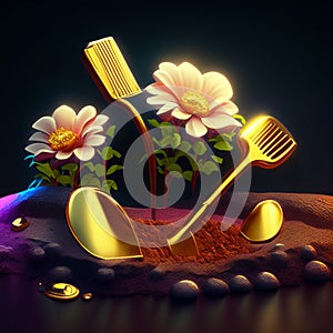 3d illustration of spoon and fork with flower in the sand. generative AI