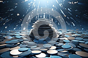 3d illustration of stack of coins over blue background with light rays