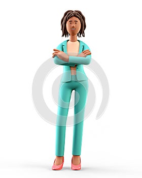 3D illustration of standing african american woman with arms crossed. Portrait of cartoon smiling elegant businesswoman