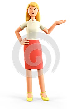 3D illustration of standing beautiful blonde woman pointing hand at direction.