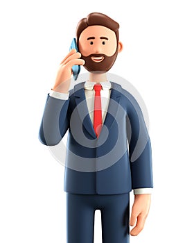 3D illustration of standing happy man talking on the phone. Close up portrait of cute smiling bearded businessman using smartphone