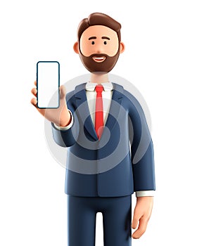 3D illustration of standing man holding smartphone and showing blank screen. Close up portrait of cartoon smiling businessman