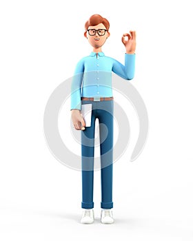 3D illustration of standing man with ok gesture showing. Cute smiling businessman with okay sign, holding tablet