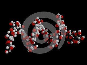 3d illustration of starch helical amylose biomolecule, organic polymer of glucose subunits. Isolated on black.