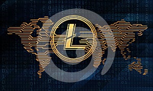 3d illustration of the stylized crypto currency litecoin on the background of the electronic world map