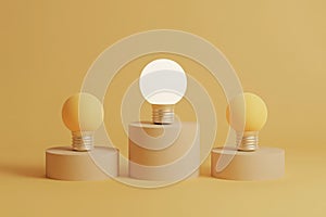 3D illustration symbolizing standout ideas with illuminated light bulb in triangular formation photo