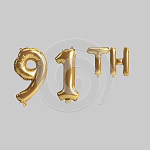 3d illustration of 91th gold balloons isolated on background photo