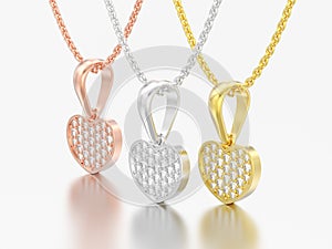 3D illustration three jewelry red rose yellow white gold or silver diamond heart necklaces on chain