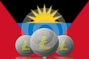 3D ILLUSTRATION Three LITECOIN cryptocurrency with Antigua y Barbuda flag on background photo