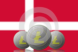 3D ILLUSTRATION Three LITECOIN cryptocurrency with Denmark Dinamarca flag on background photo