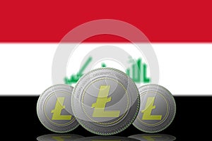 3D ILLUSTRATION Three LITECOIN cryptocurrency with Irak flag on background photo