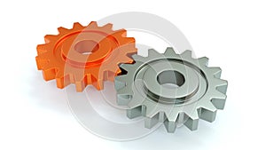 Two Cogwheels Powering Each Other 3d Illustration on White Background. Concept of Collaboration Using Mechanical Gears.