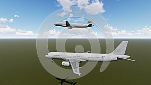 3D illustration of two airplanes in the sky on a background of clouds2. 3D rendering