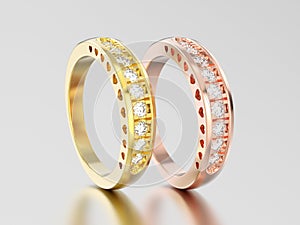 3D illustration two different yellow and rose gold decorative diamond ring with hearts ornament