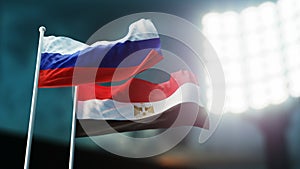 3D Illustration. Two flags waving on wind. Night stadium. Championship 2018. Soccer.