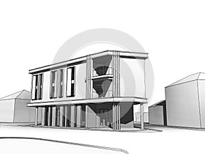 3D illustration of a two floor office building perspective from left corner.