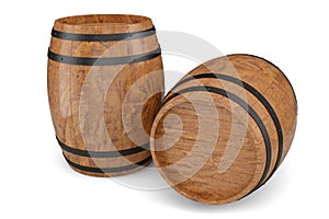 3D Illustration two wooden barrels isolated on white background. Alcoholic drink in wooden barrels, such as wine, cognac