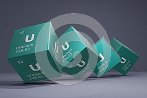3D illustration of uranium, chemical element of the periodic table. Education, science and technology background