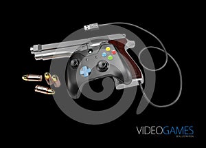 3d Illustration of video game controller with gun and bullets