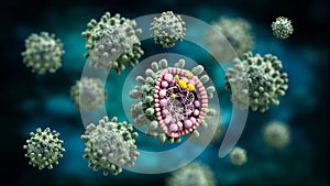 3D illustration of a virus structure. Group of virus of bacteria under miscroscope. 3D illustration