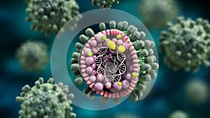 3D illustration of a virus structure. Group of virus of bacteria under miscroscope. 3D illustration
