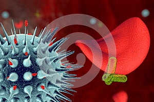 3D illustration of viruses and bacteria under a microscope inside the circulatory system