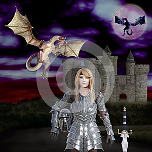 3D illustration of the warrior princess dragon slayer