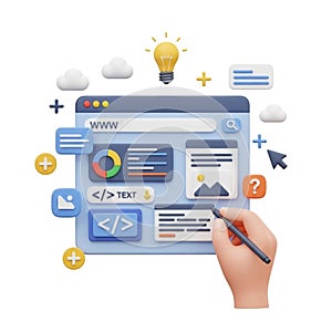 3D illustration of web development and design process with hand and tools web design coding