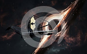 3D illustration of Webb telescope and black hole. JWST launch art. Elements of image provided by Nasa photo