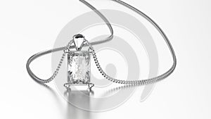 3D illustration white gold or silver diamond necklace on chain w