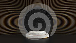 3d illustration of white marble podium isolated on luxury black background, elegant round gold frame with cylinder steps