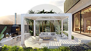 3D illustration of white pergola with motorized blinds on private terrace photo