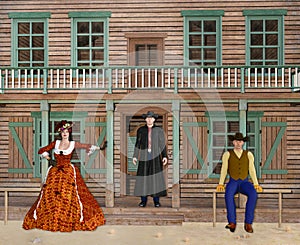 3D Illustration of Wild West Saloon with Cowboys and Madam