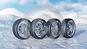 3d illustration winter tires on a background and slippery winter road. Winter tires concept. Concept tyres, winter tread