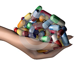3d illustration of woman hand holding handful of drug medicine pills photo