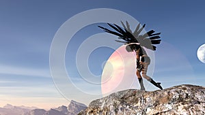 Illustration of a woman with outstretched wings holding knives slumped over in despair with a moon and planet in the background photo