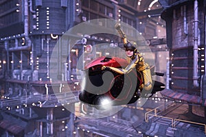 3D illustration of a woman riding a futuristic hover bike in a cyberpunk city at night