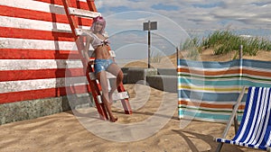 Illustration of a woman in shorts and a halter top leaning against a wood ladder on a beach with a cloudy sky in the distance