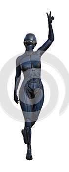 Illustration of a woman wearing a blue skintight outfit with a full face mask and eye sensors with fingers in the air doing a photo