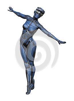 Illustration of a woman wearing a blue skintight outfit with a full face mask and eye sensors pretending she is soaring while photo