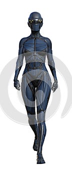 Illustration of a woman wearing a blue skintight outfit with a full face mask and eye sensors walking forward while isolated on a photo