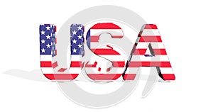 3D illustration of the word `USA` wrapped with the America flag against white background. 3D rendering. photo