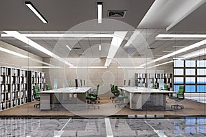 3D illustration workspace in modern office building