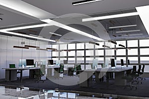 3D illustration workspace in modern office building