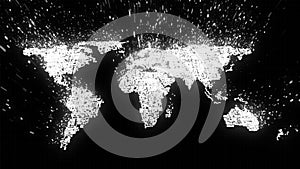 Disintegrating white circuitry world map dissolving into binary data