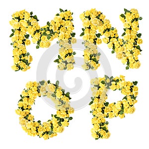 3D illustration of Yellow rose flowers alphabet - letters M-P photo