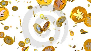 3D illustration of yen coins falling on a white background
